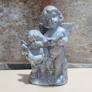 Vintage Silver Cherub Angels Figurine One Reading Book Other Holding Cross